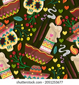 Die de los muertos. The day of the Dead. Mexican holiday. Vector illustration, festival. dark background, seamless pattern, handmade