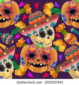 Die de los muertos. The day of the Dead. Mexican holiday. Vector illustration, festival, dark background, seamless pattern