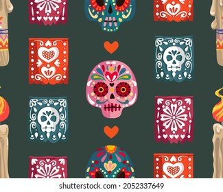 Die de los muertos. The day of the Dead. Mexican holiday. Vector illustration, festival, dark background, seamless pattern, handmade