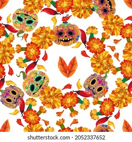 Die de los muertos. The day of the Dead. Mexican holiday. Vector illustration, festival, handmade, light background, seamless pattern