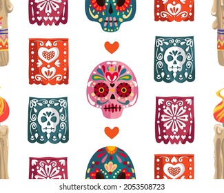 Die de los muertos. The day of the Dead. Mexican holiday. Vector illustration, festival, light background, seamless pattern, handmade