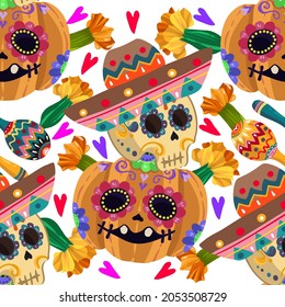 Die de los muertos. The day of the Dead. Mexican holiday. Vector illustration, festival, light background, seamless pattern