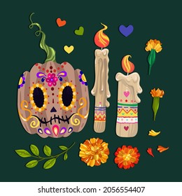 Die de los muertos. The day of the Dead, Mexican holiday, candles, pumpkins. Vector illustration, banner and card, handmade, print on t-shirt