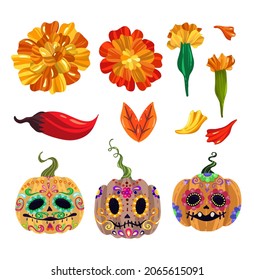 Die de los muertos. The day of the Dead. Mexican holiday. Vector illustration, festival, handmade, print on t-shirt, set