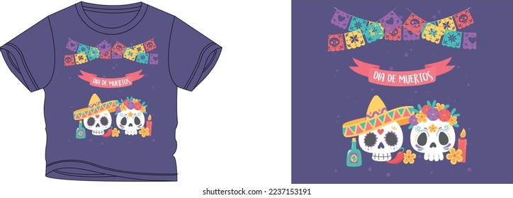 Die de Muertos skull t-shirt design background color is a purple and t-shirt color is a purple beautiful color and beautiful design