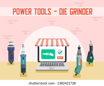 Die Grinder Assortment Power Tools Online Ad Banner Store and Repair Service on Laptop Vector Advertising Illustration Electric Instrument for Sanding and Polishing Works Buy on Internet