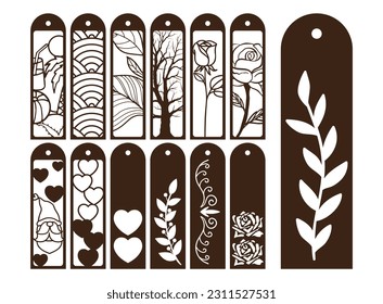 Die and laser cut decorative lace borders patterns. Set of bookmarks templates. Cabinet fretwork panel. Lasercut metal screen. Wood carving. Vector.