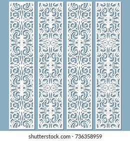 Die and laser cut decorative lace borders patterns. Set of bookmarks templates. Cabinet fretwork panel. Lasercut metal screen. Wood carving. Vector.