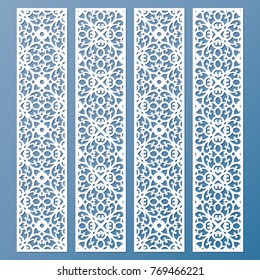 Die and laser cut decorative lace borders patterns. Set of bookmarks templates. Cabinet fretwork panel. Lasercut metal screen. Wood carving. Vector.