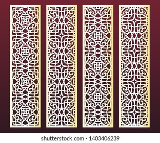 Die and laser cut decorative ornamental borders patterns. Set of bookmarks templates. Cabinet fretwork panel. Lasercut metal screen. Wood carving. Vector.