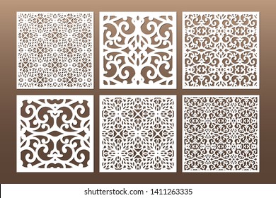 Die and laser cut decorative ornamental borders patterns. Set of bookmarks templates. Cabinet fretwork panel. Lasercut metal screen. Wood carving. Vector.