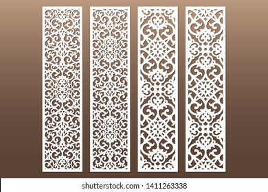 Die and laser cut decorative ornamental borders patterns. Set of bookmarks templates. Cabinet fretwork panel. Lasercut metal screen. Wood carving. Vector.