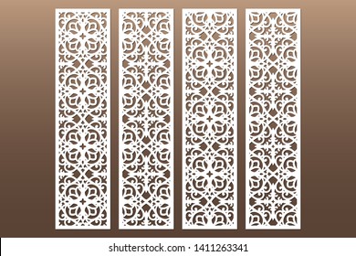 Die and laser cut decorative ornamental borders patterns. Set of bookmarks templates. Cabinet fretwork panel. Lasercut metal screen. Wood carving. Vector.