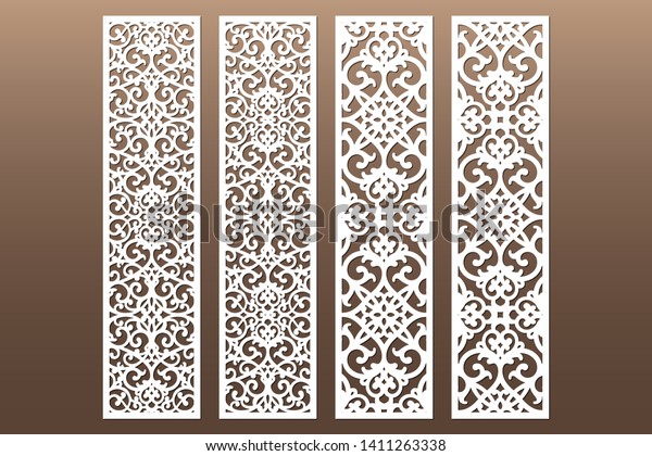 Die and laser cut decorative\
ornamental borders patterns. Set of bookmarks templates. Cabinet\
fretwork panel. Lasercut metal screen. Wood carving.\
Vector.