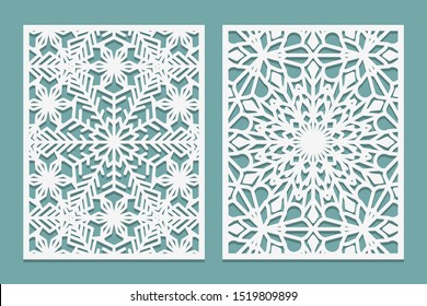 Paneles decorativos de corte láser y mugre con motivos de copos de nieve. Bordes de encaje de corte láser. Juego de plantillas de tarjetas de felicitación o de invitación a matrimonio. Ilustración del vector