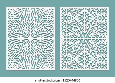 Die and laser cut decorative panels with snowflakes image. Lazer cutting lacy borders. Set of Wedding Invitation or greeting card templates. Vector illustration