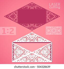 Die laser cut envelope with patterned corners.Wedding invitation card template vector. Cutout paper fold card for laser cutting or die cutting. Suitable for greeting cards, invitations, menus.
