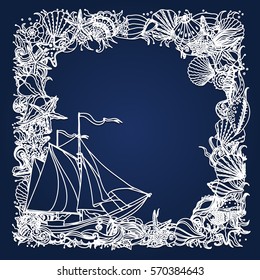 Die and laser cut ornamental frame with seashells and marine fish, sailing ship. Invitation or greeting card template. Vintage decorative elements for paper cutting.