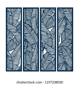 Die and laser cut ornamental panels with floral pattern of banana leaves. Laser cut decorative lace borders patterns. Set of bookmarks templates.