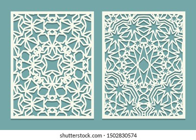 Die and laser cut ornamental panels with Islamic ornament with stars. Laser cutting decorative lace borders patterns. Set of Wedding Invitation or greeting card templates. Vector illustration
