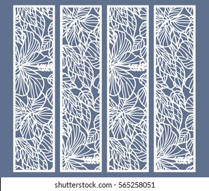 Die And Laser Cut Ornamental Panels With Floral Pattern. Hibiscus Flowers And Leaves. Laser Cut Decorative Lace Borders Patterns. Set Of Bookmarks Templates.