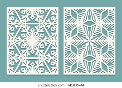 Morir y cortar láser paneles ornamentales con patrón de copos de nieve. Trazado láser motivos decorativos de bordes de encaje. Juego de plantillas de tarjetas de felicitación o de invitación a matrimonio. Ilustración del vector