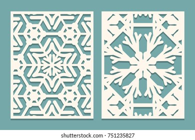 Die and laser cut ornamental panels with snowflakes pattern. Laser cutting decorative lace borders patterns. Set of Wedding Invitation or greeting card templates. Vector illustration