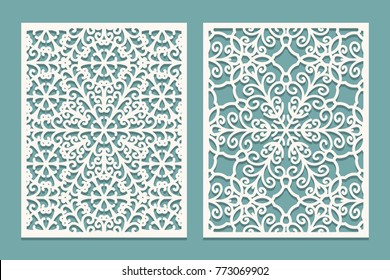 Die and laser cut scenical panels with snowflakes pattern. Laser cutting decorative lace borders patterns. Set of Wedding Invitation or greeting card templates. Vector illustration