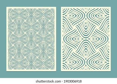 Die and laser cut screen panels with waves pattern. Laser cutting decorative lace borders patterns. Set of Wedding Invitation or greeting card templates. Vector illustration