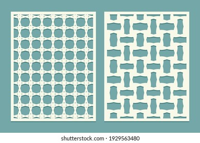 Paneles de pantalla de corte por láser y mugre con un patrón geométrico de mosaico. Patrones de bordes decorativos de corte láser. Conjunto de plantillas de tarjetas de felicitación de portada. Ilustración del vector