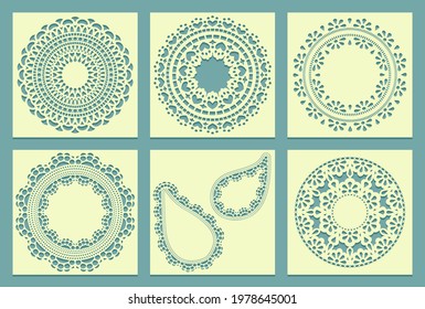 Die and laser cut screen panels with Mandala pattern. Laser cutting decorative lace patterns. Set of Stencils for home decor or design greeting card templates. Vector illustration