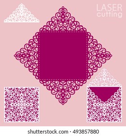 Die laser cut square envelope with patterned corners.Wedding invitation card template vector. Cutout paper fold card for laser cutting or die cutting. Suitable for greeting cards, invitations, menus.