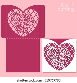 Die laser cut vector template. Wedding invitation mockup with lace heart, roses pattern. Template for laser cutting. Die cut pocket envelope template. It can be used as an envelope for CD-ROM.