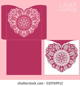 Die laser cut vector template. Wedding or valentine invitation mockup with lace heart. Template for laser cutting. Die cut pocket envelope template. It can be used as an envelope for CD-ROM.