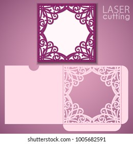 Die laser cut wedding card vector template. Invitation envelope with lace frame. Wedding lace invitation mockup. Template for cutting. Die cut pocket envelope template.