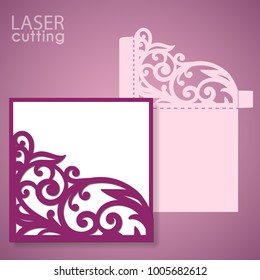 Die laser cut wedding card vector template. Invitation envelope with lace corner. Wedding lace invitation mockup. Template for cutting. Die cut pocket envelope template.