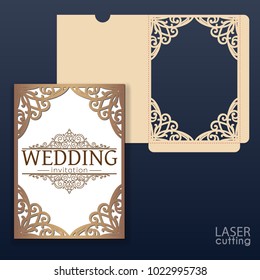 Die laser cut wedding card vector template. Invitation envelope with lace frame. Wedding lace invitation mockup. Template for cutting. Die cut pocket envelope template.