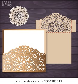 Die laser cut wedding card vector template. Invitation envelope. Wedding lace invitation mockup. Template for laser cutting. Die cut pocket envelope template.