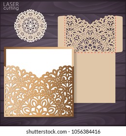 Die laser cut wedding card vector template. Invitation envelope. Wedding lace invitation mockup. Template for laser cutting. Die cut pocket envelope template.