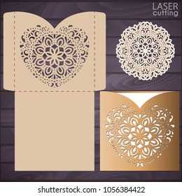 Die laser cut wedding card vector template. Invitation envelope. Wedding invitation mockup with lace heart. Template for laser cutting. Die cut pocket envelope template.