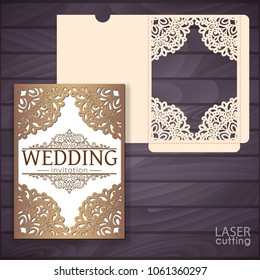 Die laser cut wedding card vector template. Invitation envelope with lace frame. Wedding lace invitation mockup. Template for cutting. Die cut pocket envelope template.