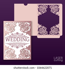 Die laser cut wedding card vector template with pattern of roses. Invitation envelope with lace frame. Wedding lace invitation mockup. Die cut pocket envelope template.