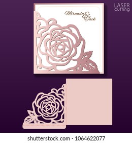 Die laser cut wedding card vector template. Invitation pocket envelope with lace corner with roses pattern. Wedding lace invitation mockup. svg