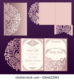 Die laser cut wedding card vector template with roses pattern. Tri fold pocket envelope.Wedding lace invitation mockup.