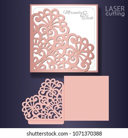 Die laser cut wedding card vector template. Invitation envelope with lace corner. Wedding lace invitation mockup. Template for cutting. Die cut pocket envelope template.