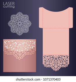 Die laser cut wedding card vector template. Invitation envelope. Wedding lace invitation mockup. Template for laser cutting. Die cut pocket envelope template.
