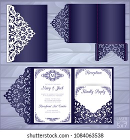 Die Laser Cut Wedding Card Vector Template. Tri Fold Pocket Envelope.Wedding Lace Invitation Mockup.