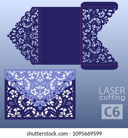 Die laser cut wedding card vector template. Invitation envelope. Wedding lace invitation mockup. Template for laser cutting. Die cut pocket envelope template.