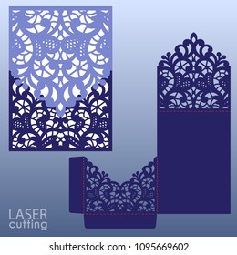 Die laser cut wedding card vector template. Invitation envelope. Wedding lace invitation mockup. Template for laser cutting. Die cut pocket envelope template.