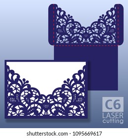 Die laser cut wedding card vector template. Invitation envelope. Wedding lace invitation mockup. Template for laser cutting. Die cut pocket envelope template.